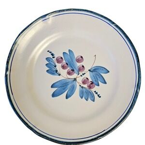 P.V. Italy Hand Painted Ceramic Dinner Plate Blue Leaves Purple Berries 13" cab1